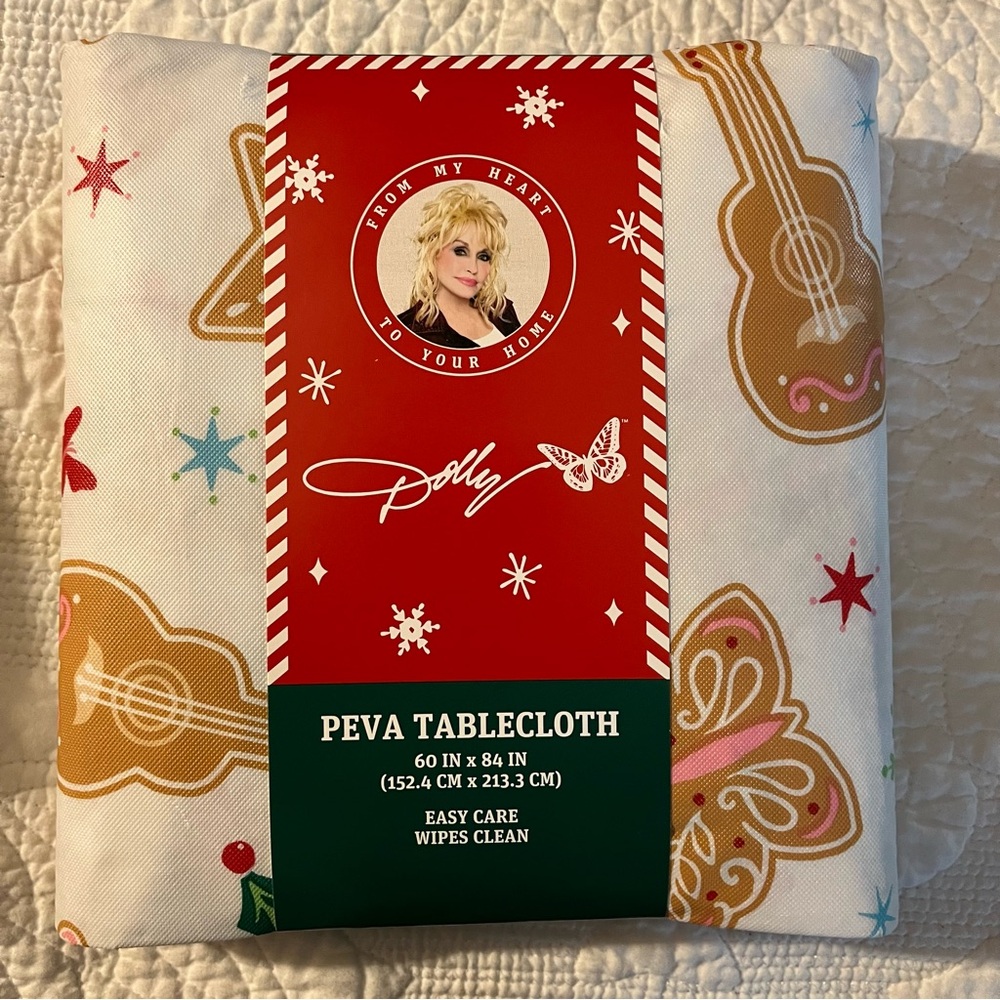 Dolly Parton Christmas White Gingerbread Guitar PEVA Tablecloth 60" x 84" DG